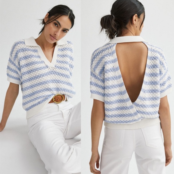 Anthropologie Sweaters - Anthropologie Maeve Striped Open Back Knit Sweater Blue White Top M Preppy Style